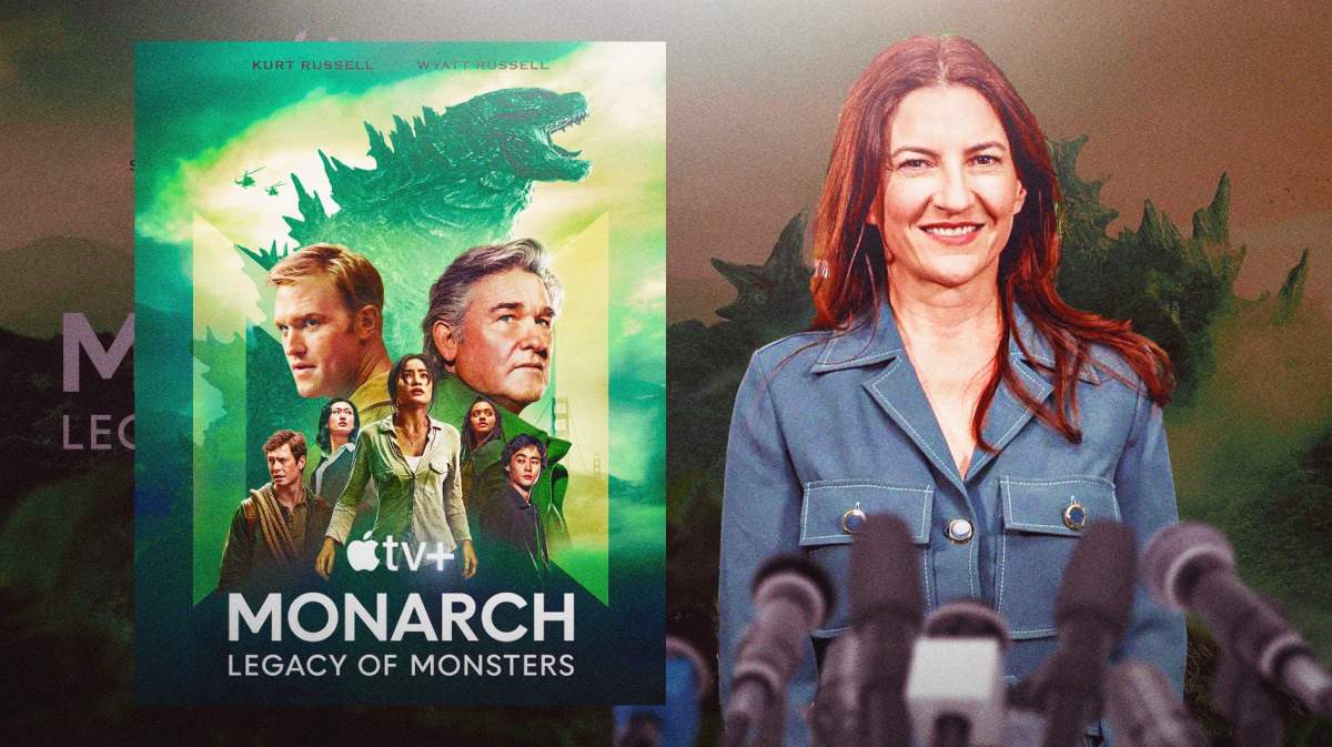 Monarch: Legacy of Monsters poster next to producer Tony Tunnell.