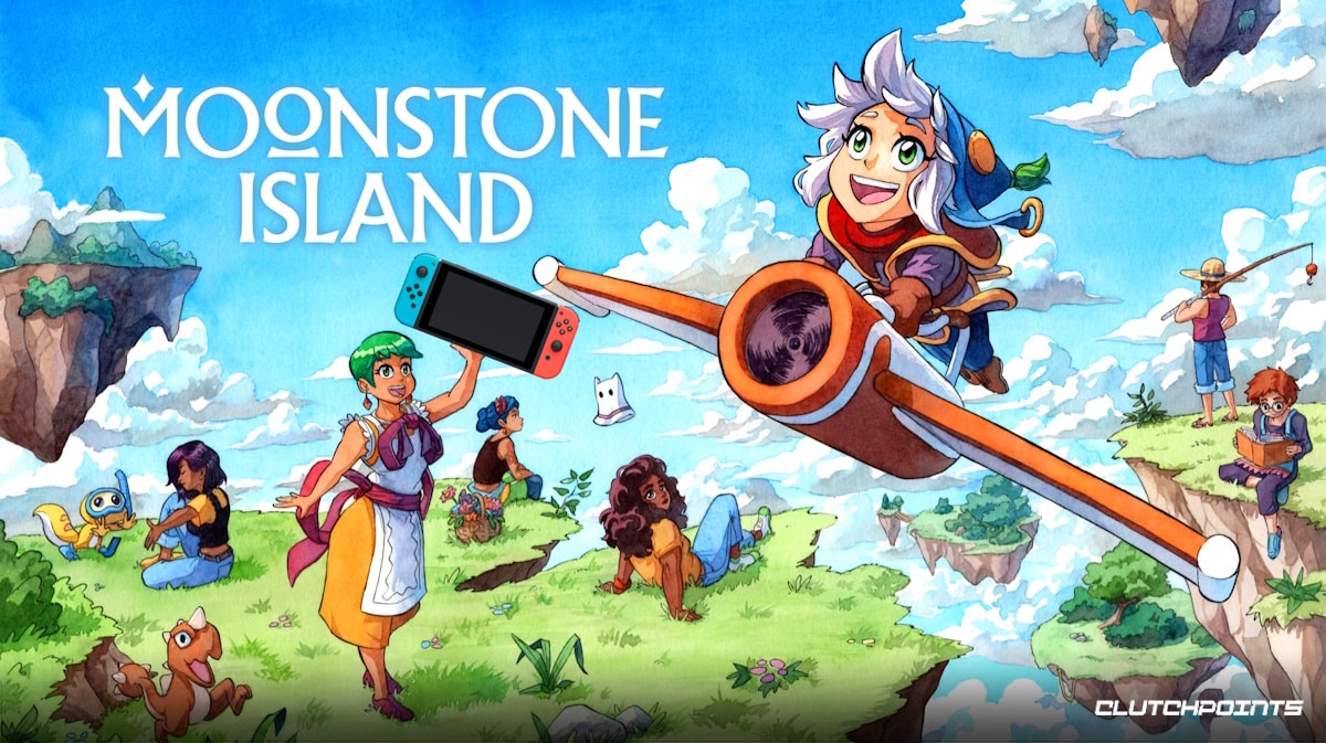 moonstone island switch, moonstone island console, moonstone island release date, moonstone island, the cover art for the game Moonstone Island with one of the characters holding a nintendo switch