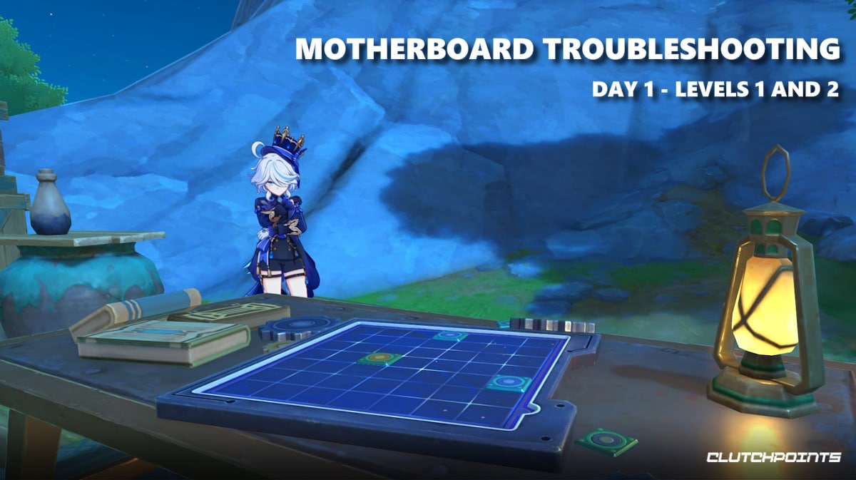 motherboard troubleshooting day 1, motherboard troubleshooting level 1, motherboard troubleshooting level 2, motherboard troubleshooting genshin, genshin impact, a screenshot from Genshin Impact featureing Furina with the words Motherboard Trouble Shooting Day 1 Levels 1 and 2 on it