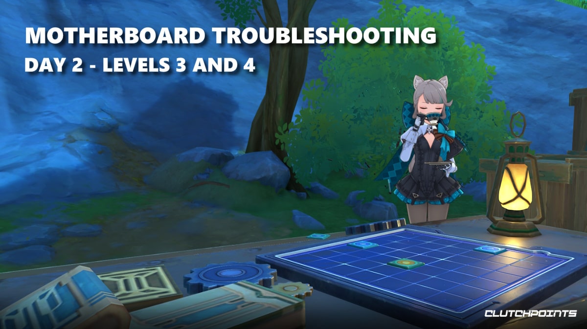 motherboard troubleshooting day 2, motherboard troubleshooting level 3, motherboard troubleshooting level 4, motherboard troubleshooting genshin, genshin impact, a screenshot from Genshin Impact featuring Lynette with the words Motherboard Trouble Shooting Day 2 Levels 3 and 4 on it