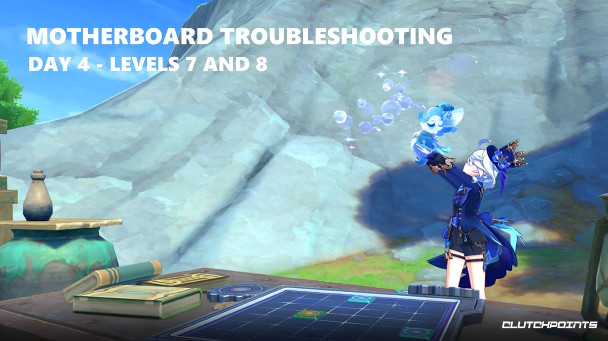 motherboard troubleshooting day 4, motherboard troubleshooting level 7, motherboard troubleshooting level 8, motherboard troubleshooting genshin, genshin impact, a screenshot from Genshin Impact featuring Furina with the words Motherboard Trouble Shooting Day 4 Levels 7 and 8 on it