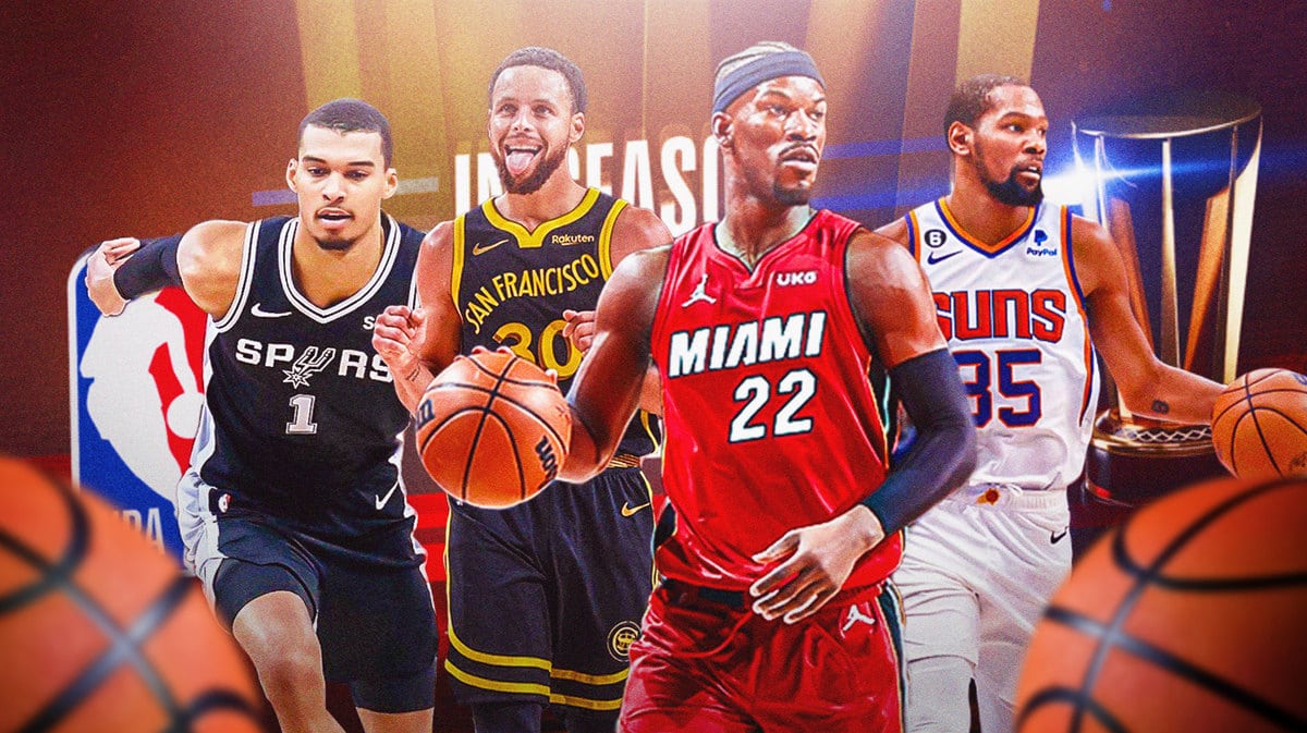 Jimmy Butler, Kevin Durant, Victor Wembanyama, Steph Curry, In-Season Tournament logo.