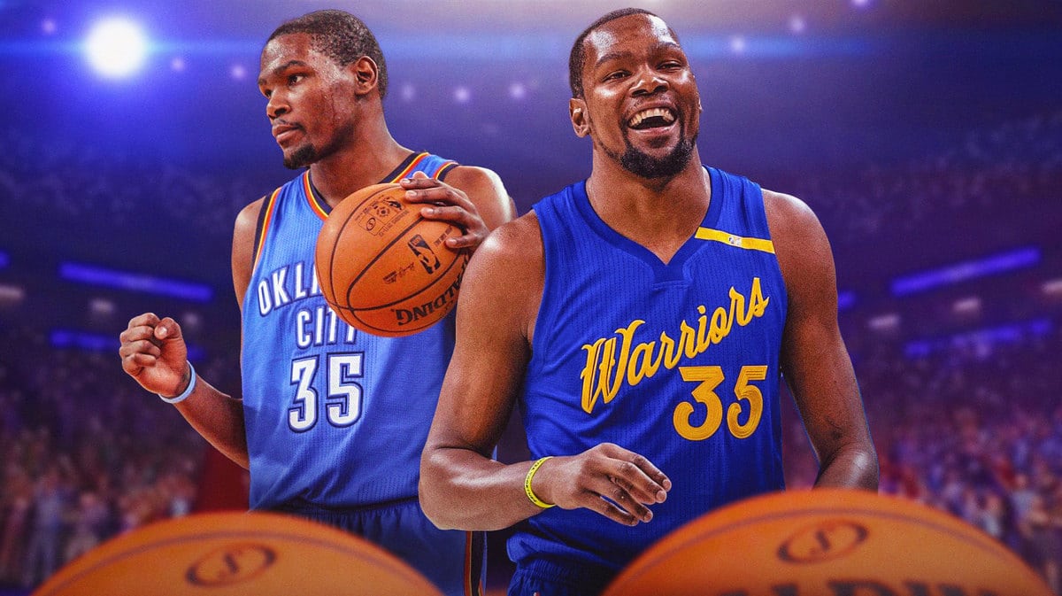 Kevin Durant in a Warriors jersey, Kevin Durant in a Thunder jersey