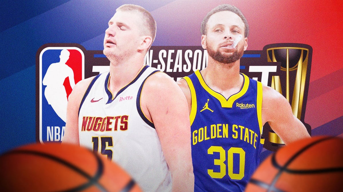 Nuggets' Nikola Jokic and Warriors' Stephen Curry with NBA In-Season Tournament logo