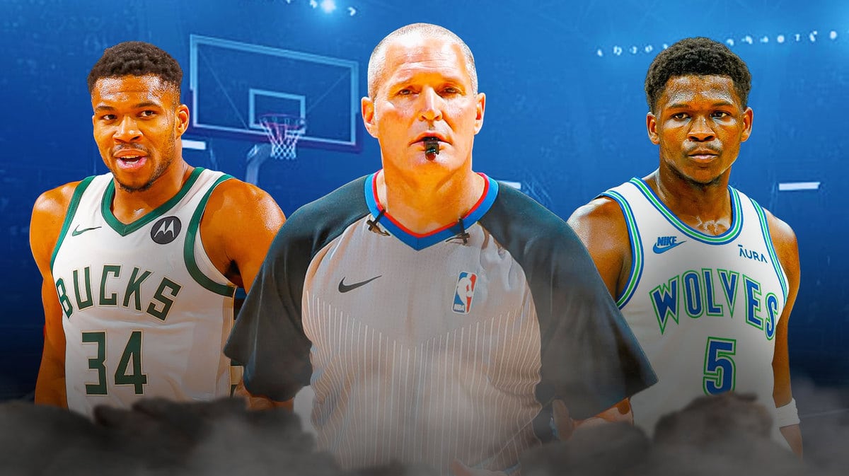 Giannis Antetokounmpo, NBA referee Monty McCutchen, and Anthony Edwards