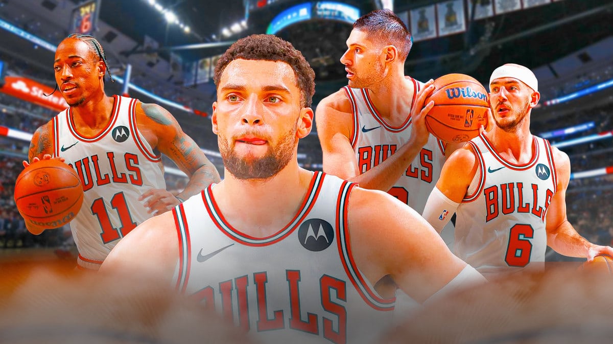 Bulls' Zach LaVine looking angry in front. Bulls' DeMar DeRozan, Bulls' Nikola Vucevic, Bulls’ Alex Caruso playing basketball in background.