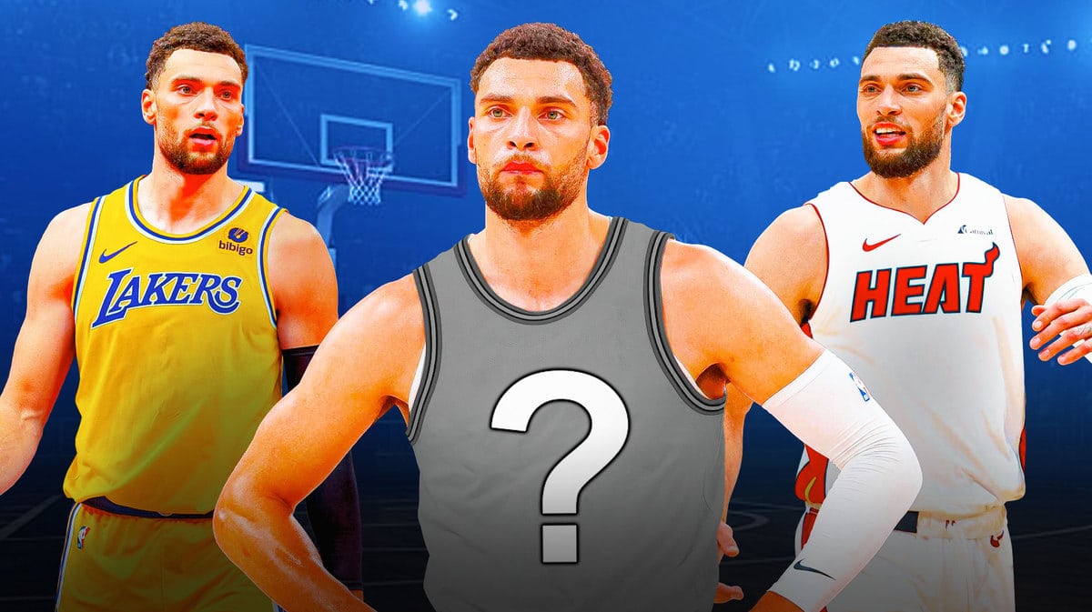 Bulls' Zach LaVine in a blank jersey, Lakers jersey and Heat jersey