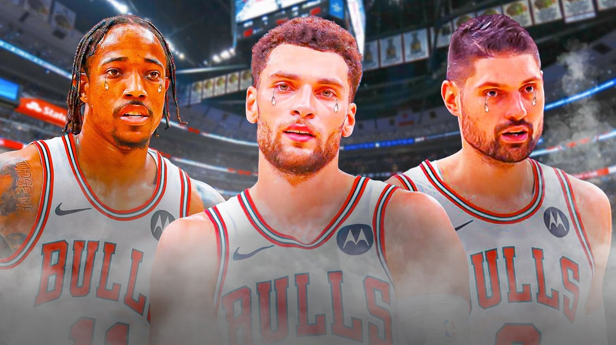 Bulls' Zach LaVine, DeMar DeRozan and Nikola Vucevic with animated tears