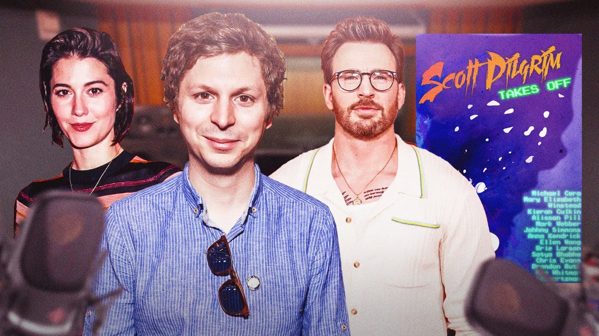 Mary Elizabeth Winstead, and Chris Evans next to Scott Pilgrim Takes Off poster and recording studio background.