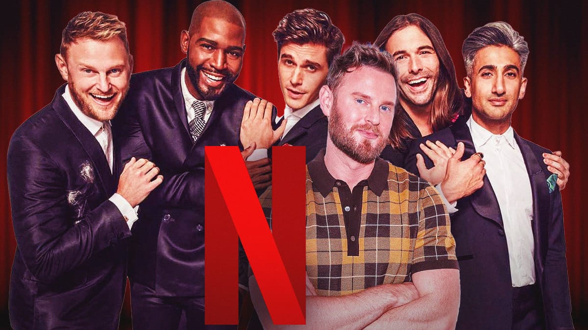 Bobby Berk and the cast of Queer Eye with a Netflix logo.