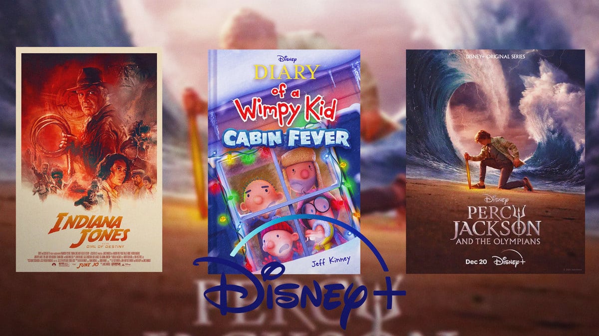 Disney+ logo with Indiana Jones and the Dial of Destiny, Diary of a Wimpy Kid: Cabin Fever, and Percy Jackson and the Olypmians posters.