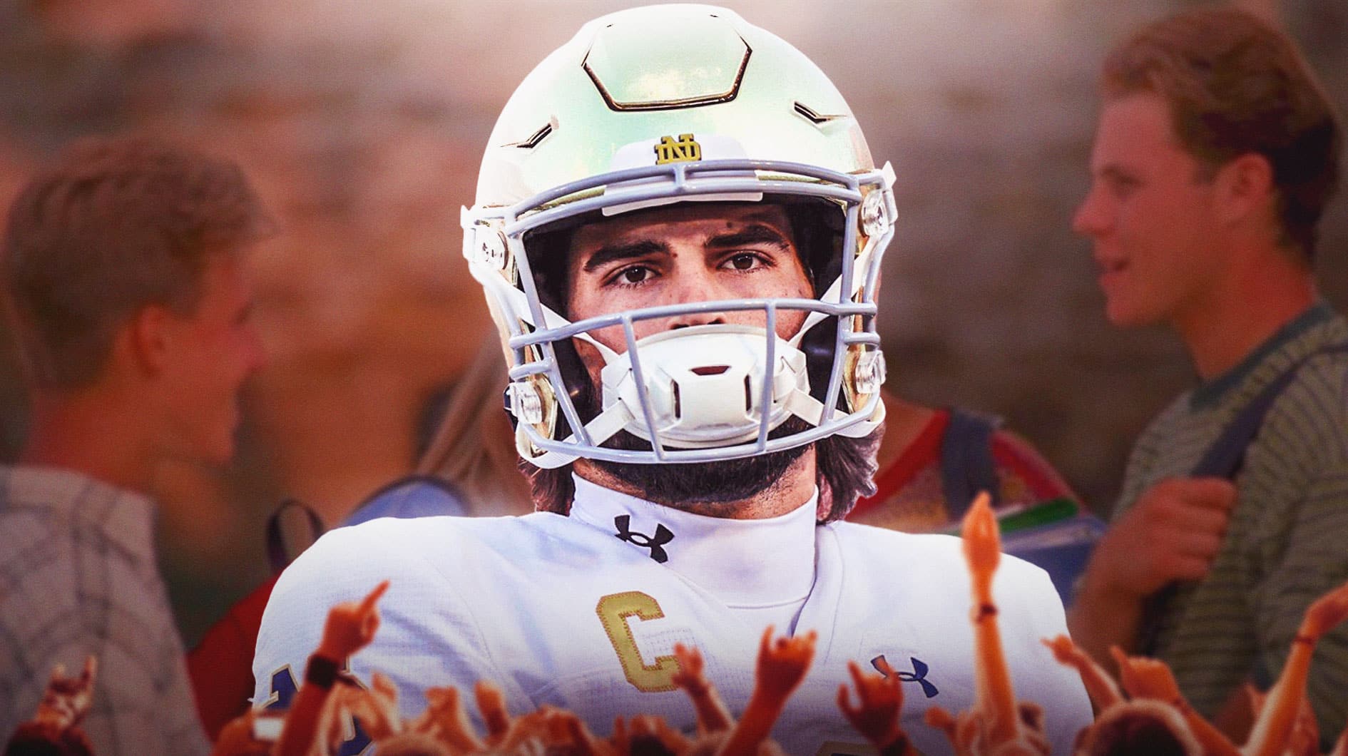 Notre Dame quarterback Sam Hartman looks frustrated as players laugh behind him.