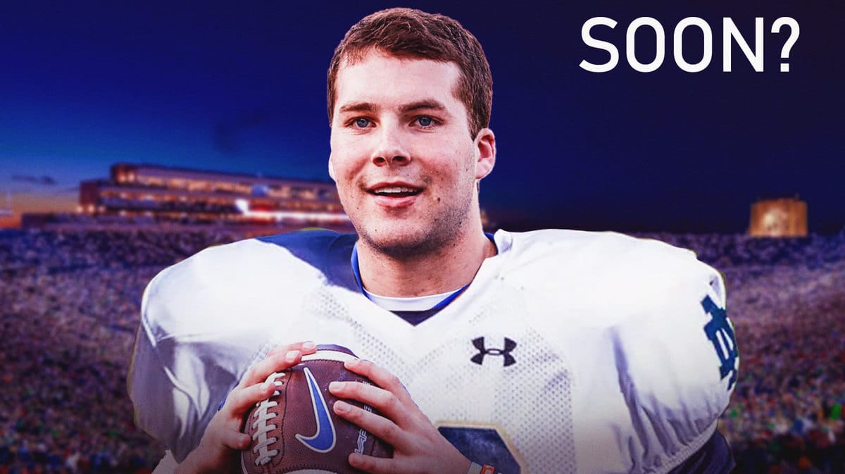 Riley Leonard in a Notre Dame uniform Caption next to him that says “Soon?”