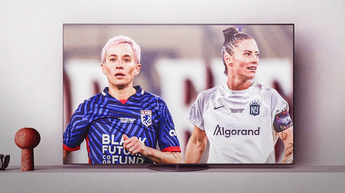 Megan Rapinoe in her OL Reign uniform and Ali Krieger in her Gotham FC uniform, inside of a television in the NWSL Finals