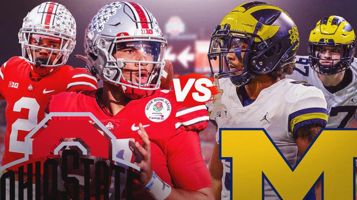 Ohio State football players on the left, Michigan football players on the right.