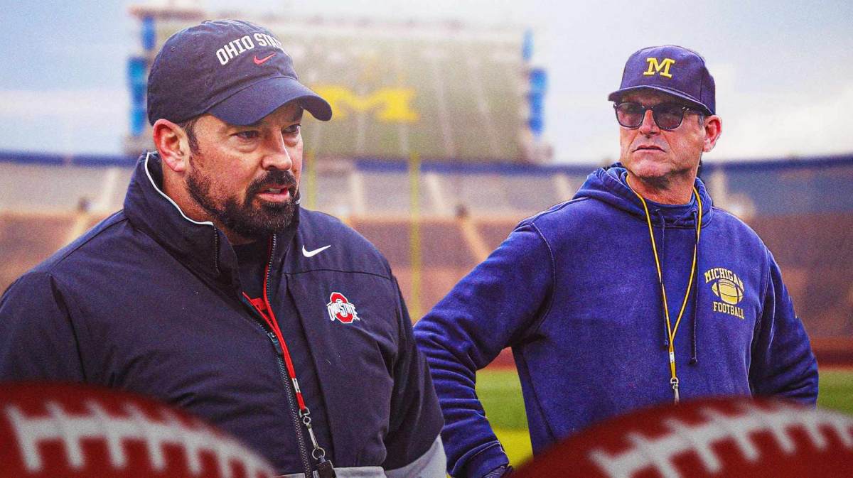 Ohio State football, Michigan football, Buckeyes, Jim Harbaugh, Ryan Day, Ryan Day and Jim Harbaugh with Michigan football stadium in the background