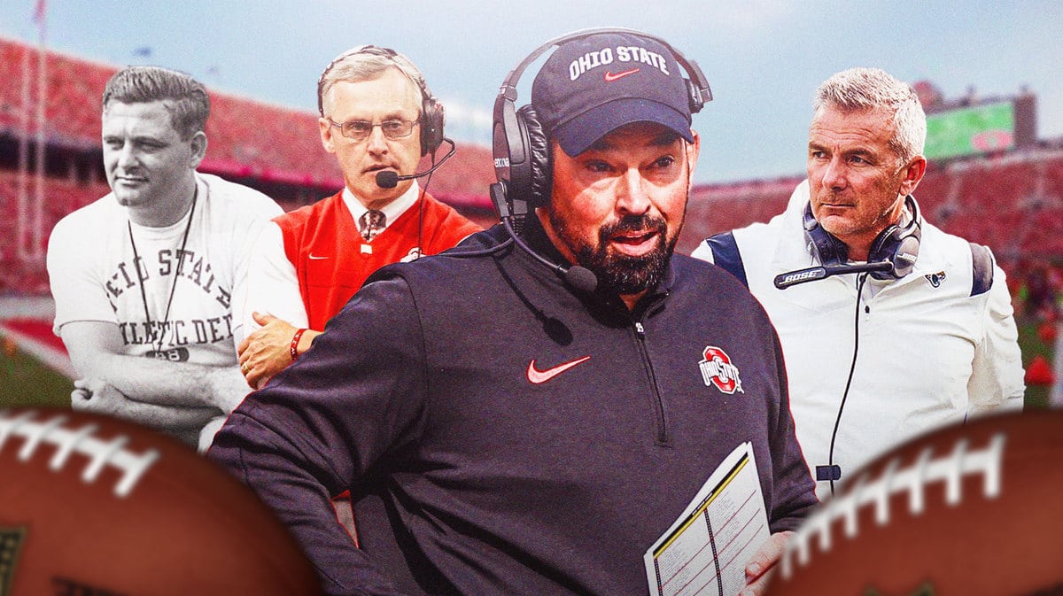 Ohio State football coach Ryan Day surrounded by the "ghosts" of Woody Hayes, Jim Tressel and Urban Meyer
