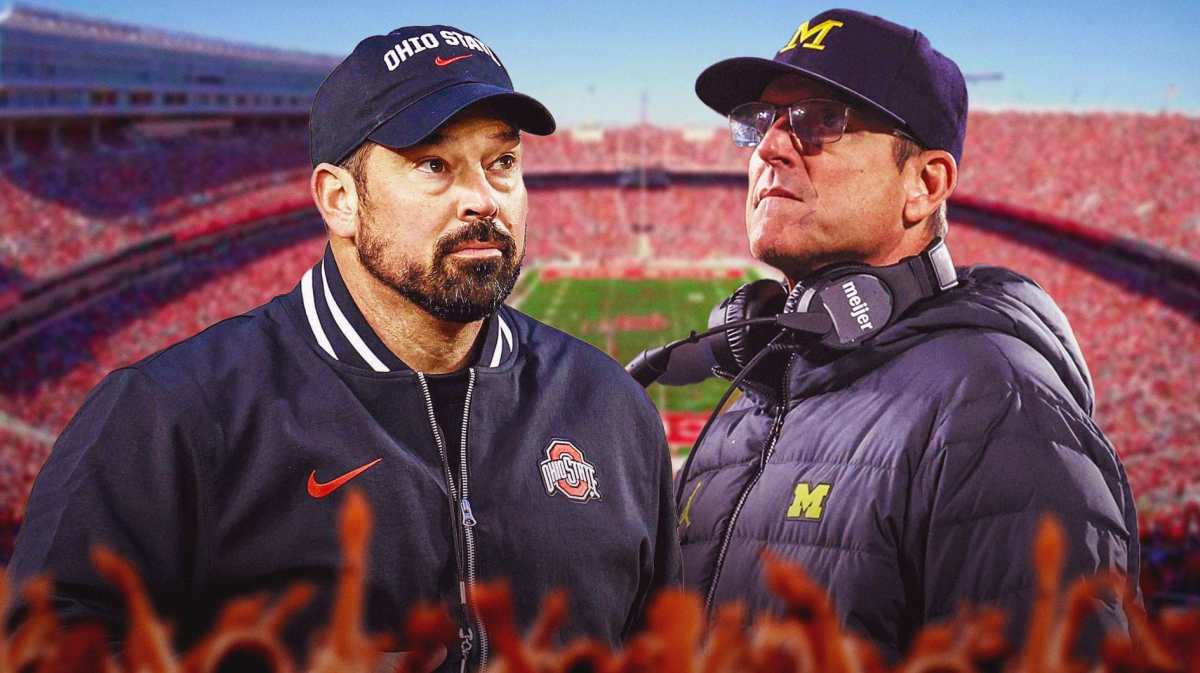 Ohio State football, Buckeyes, Michigan football, Jim Harbaugh, Ryan Day, Ryan Day and Jim Harbaugh with Ohio State football stadium in the background