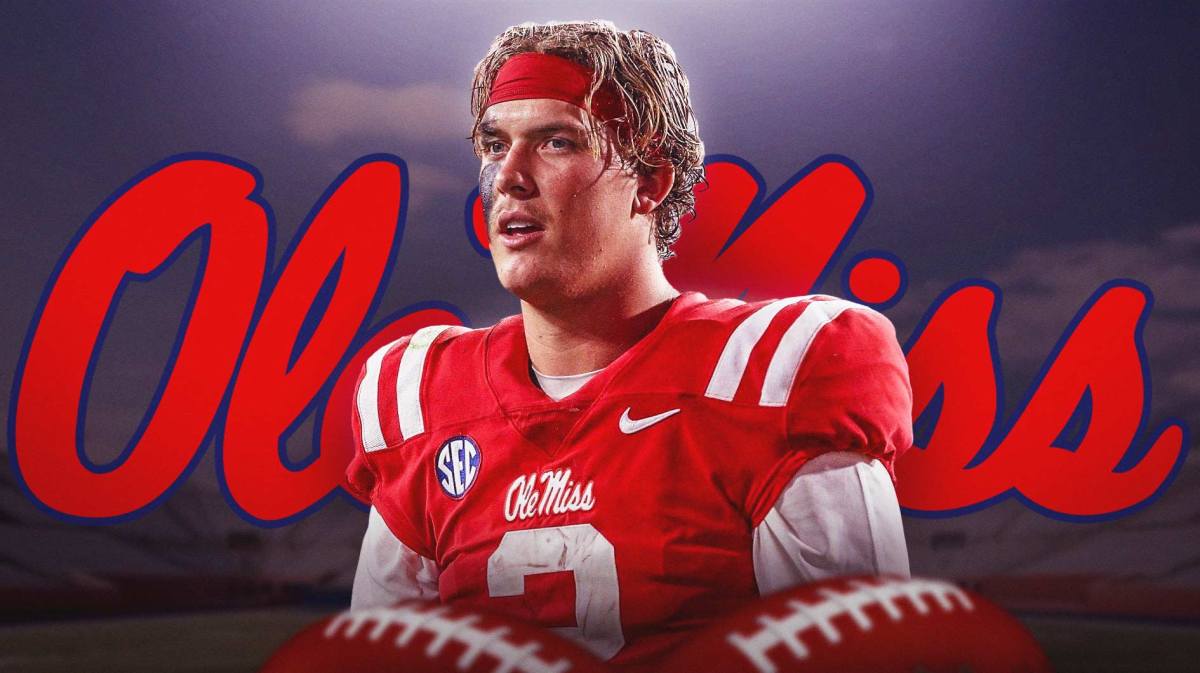 Ole Miss football, Rebels, Jaxson Dart, Jaxson Dart returning, Lane Kiffin, Jaxson Dart in Ole Miss uni with Ole Miss football stadium in the background