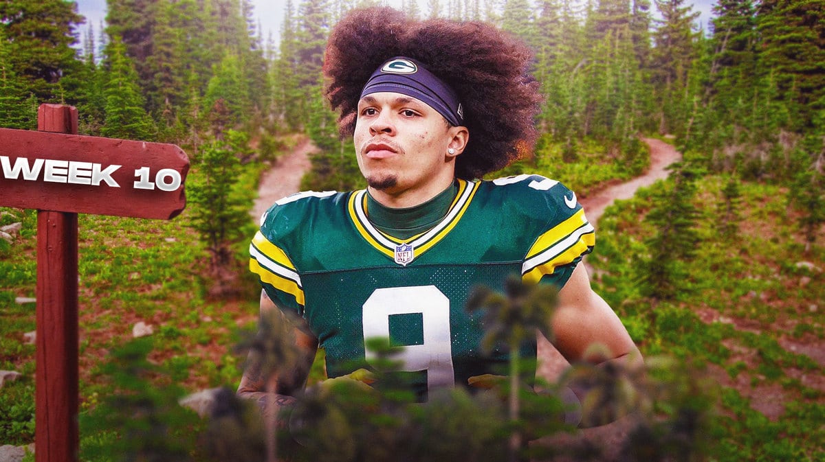 Packers' Christian Watson walking on a path. At the end of the path place a sign that reads: WEEK 10