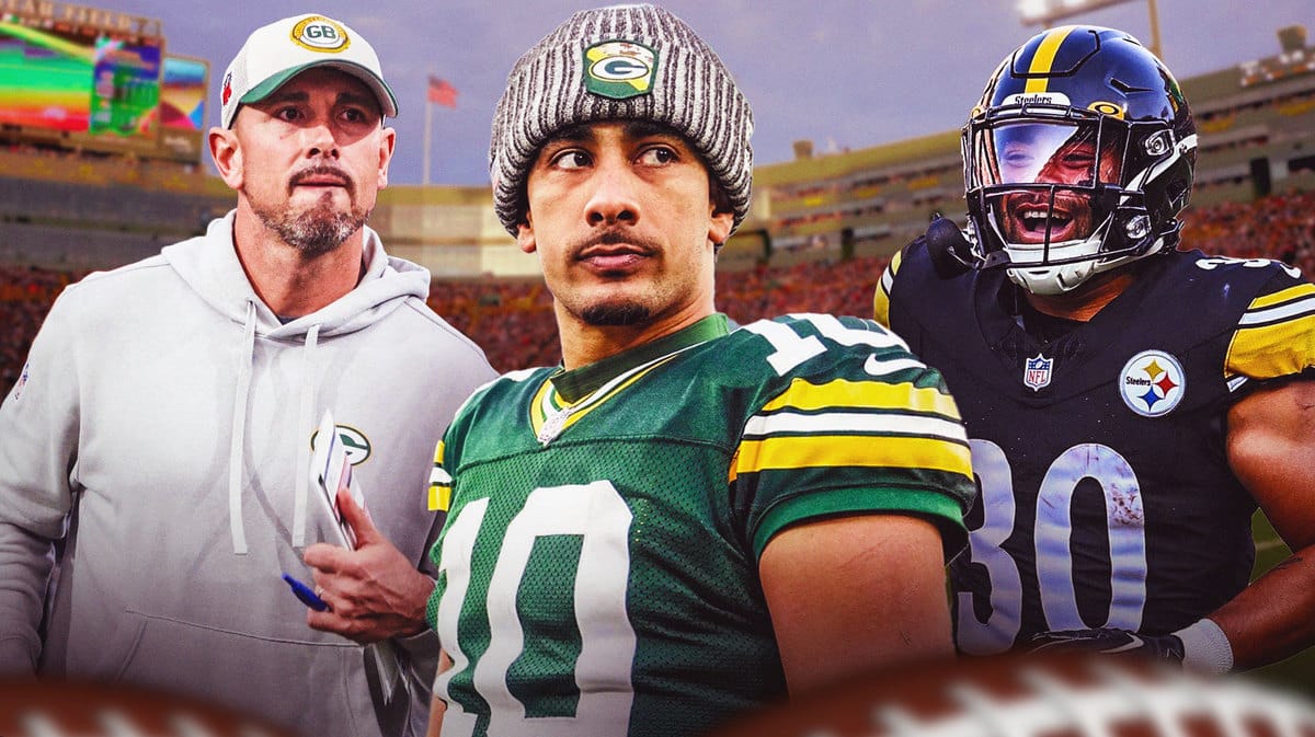 Packers QB Jordan Love sad, Matt LaFleur, Steelers WR Jaylen Warren laughing