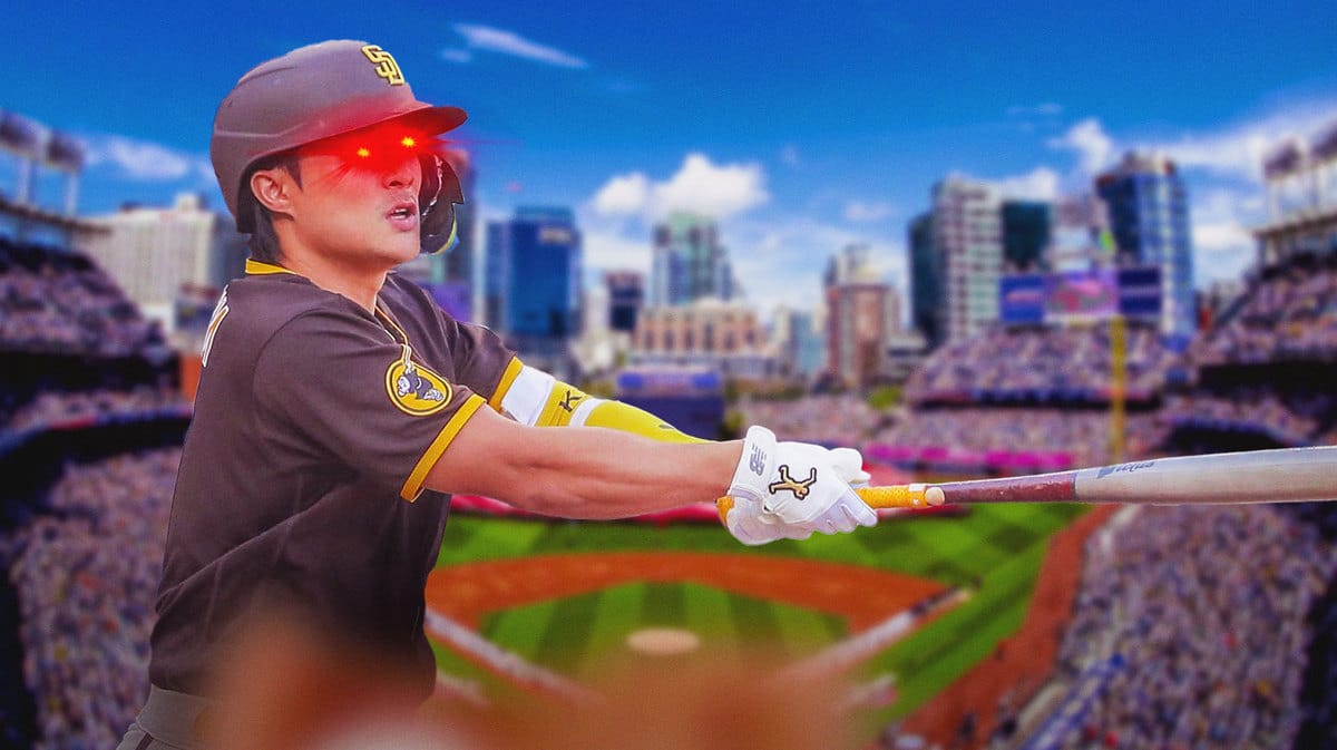 Action shot of Ha-Seong Kim of the Padres fielding the ball and with woke eyes