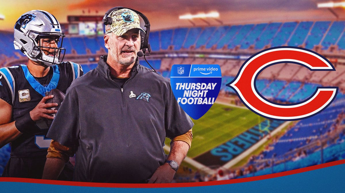 Bryce Young and Frank Reich for the Panthers, with Chicago Bears logo and Thursday Night Football Logo