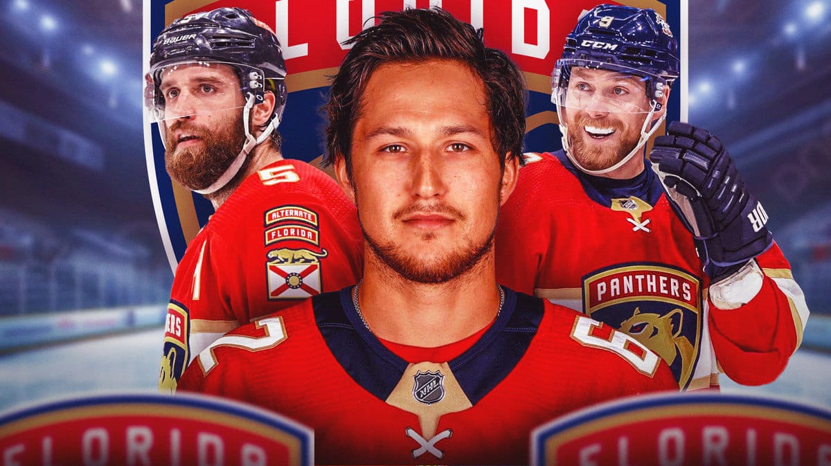 Brandon Montour, Aaron Ekblad, Sam Bennett in image looking hopeful, FLA Panthers logo, hockey rink in background