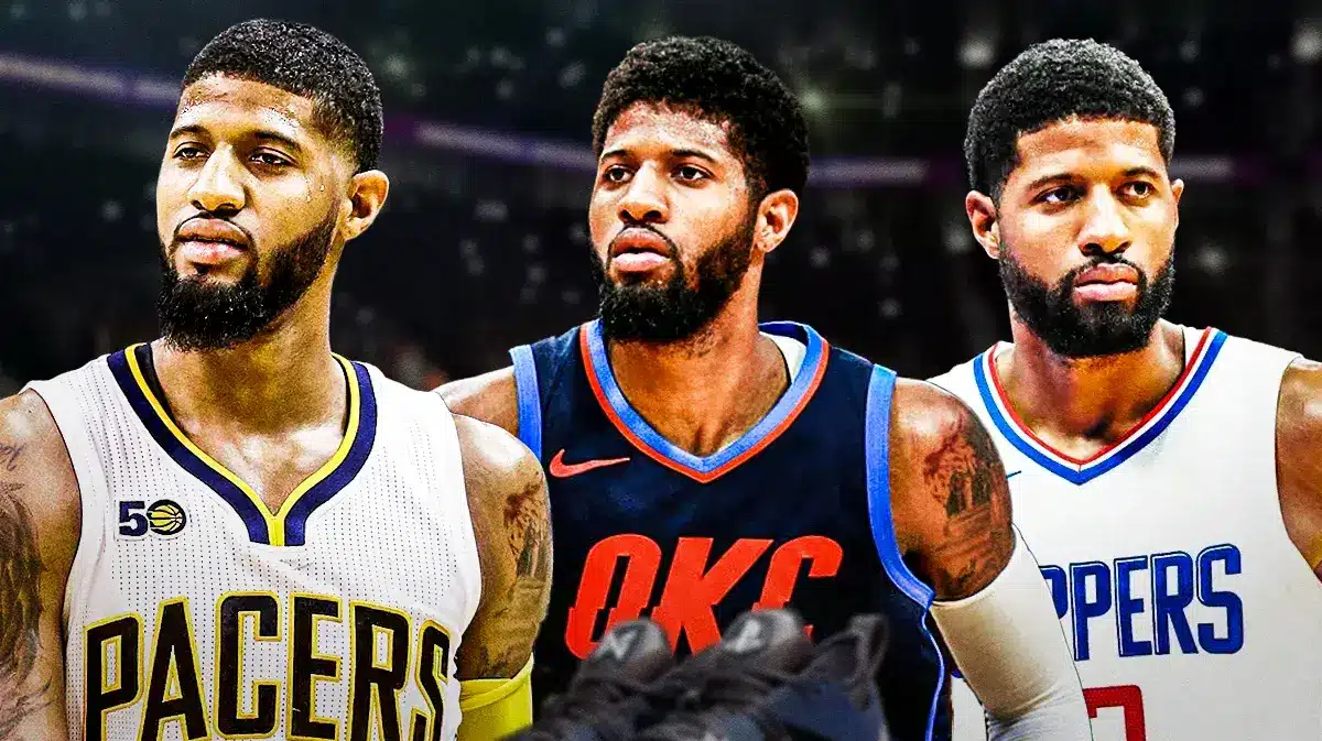 Paul George playing for the Indiana Pacers, Oklahoma City Thunder and the Los Angeles Clippers.