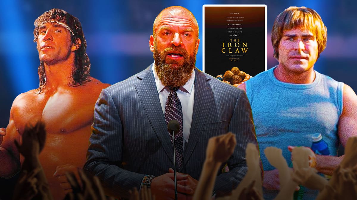 Paul “Triple H” Levesque next to Zac Efron in Iron Claw and the WWF’s Texas Tornado with the Iron Claw movie poster as the background.