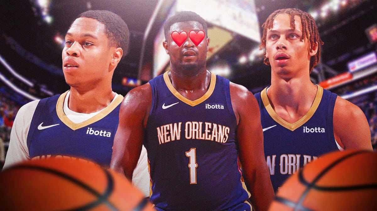 Pelicans players Dyson Daniels and Jordan Hawkins with Zion Williamson looking.