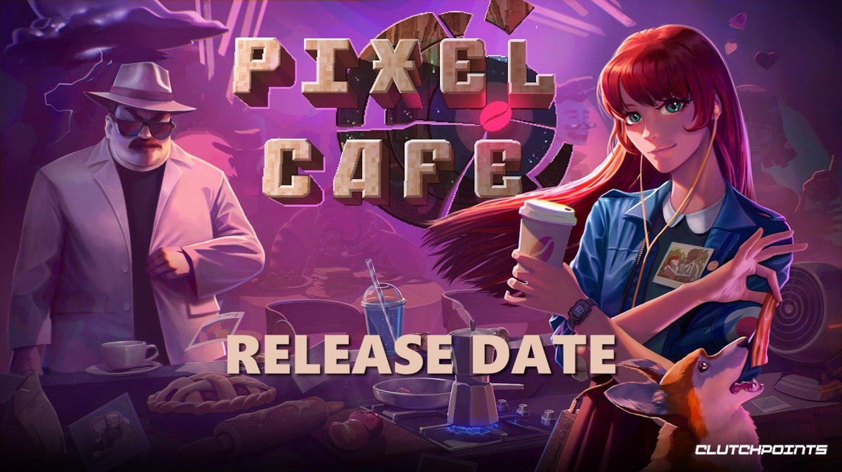 pixel cafe, pixel cafe release date, pixel cafe gameplay, pixel cafe story, pixel cafe details, a key art for Pixel Cafe with the words release date under the game title