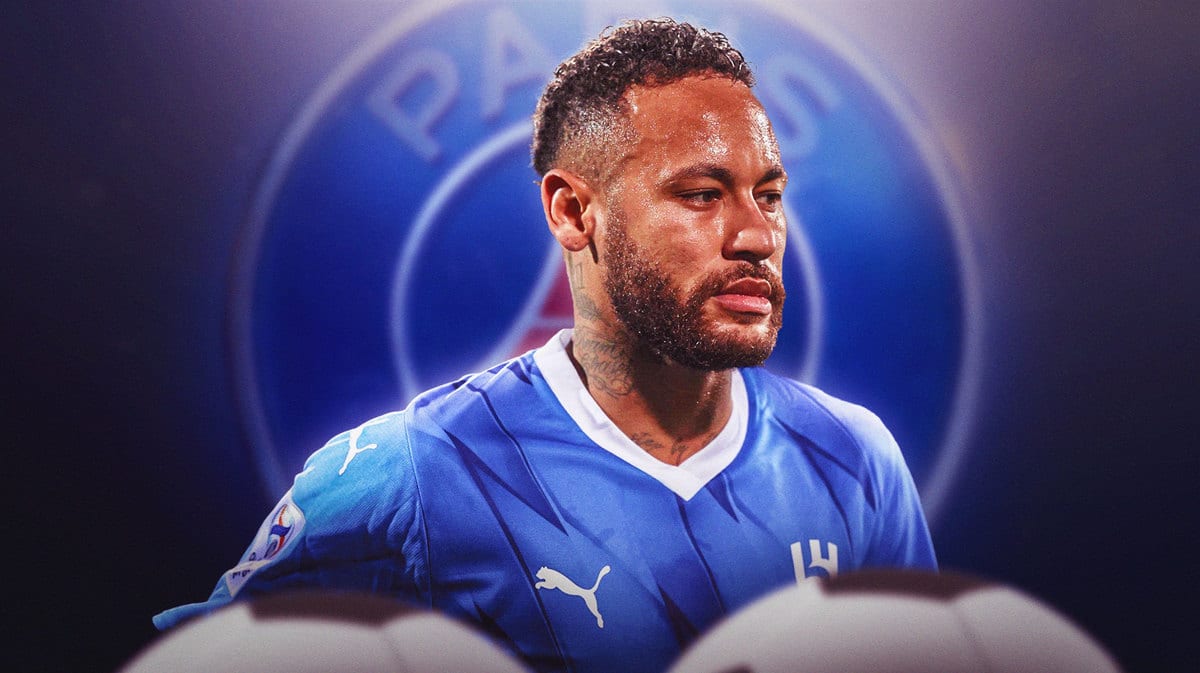 Neymar looking down/sad in front of the PSG logo