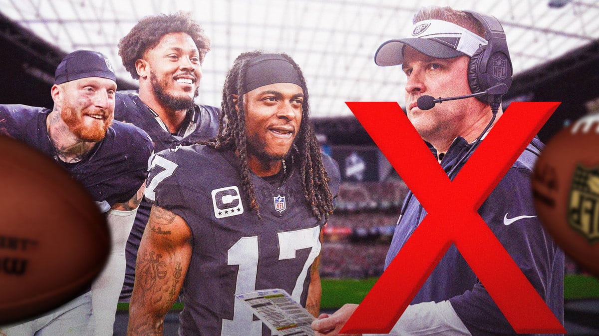 Former Raiders head coach Josh McDaniels with stars Davante Adams, Josh Jacobs, and Maxx Crosby.