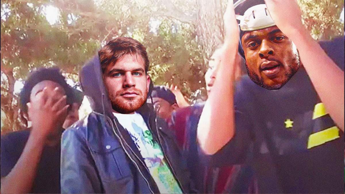 Michael Mayer of the Raiders as the guy in the hoodie, Davante Adams as the guy on the right with hands on his face