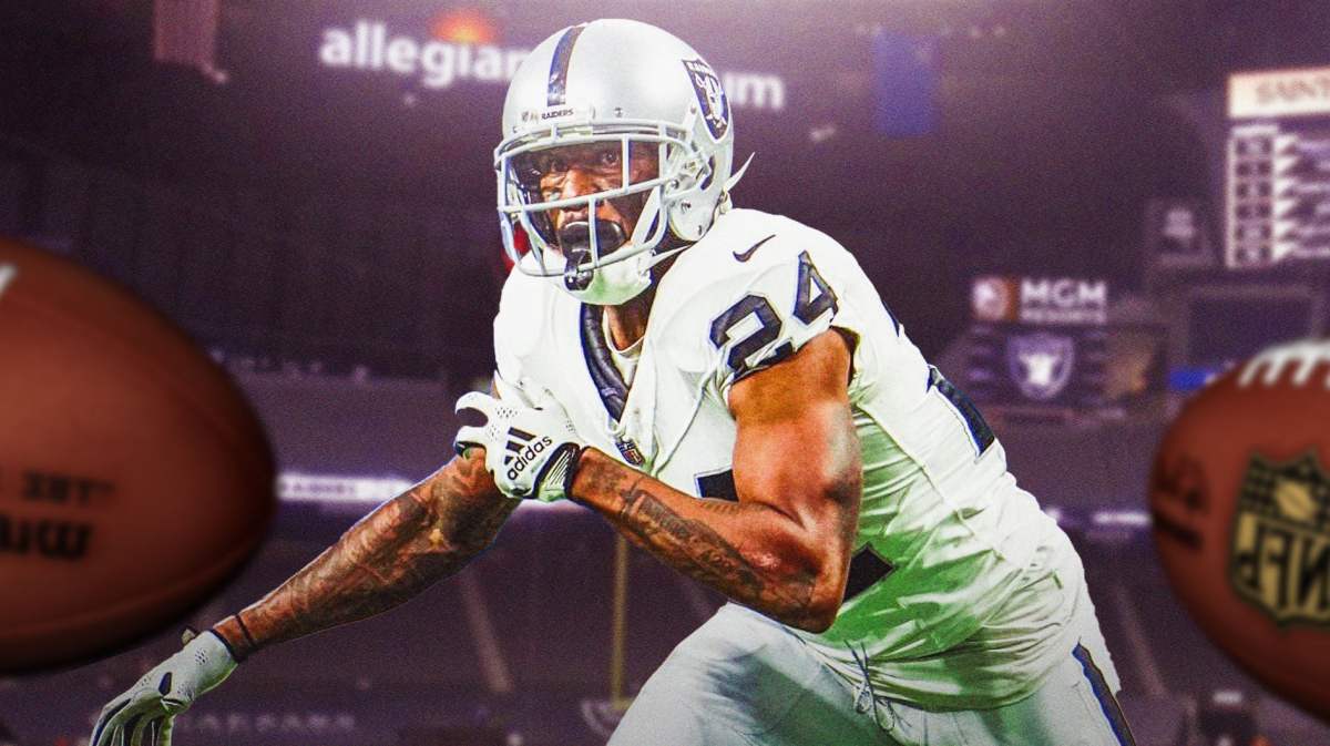 Las Vegas Raiders cornerback Marcus Peters playing in the foreground.