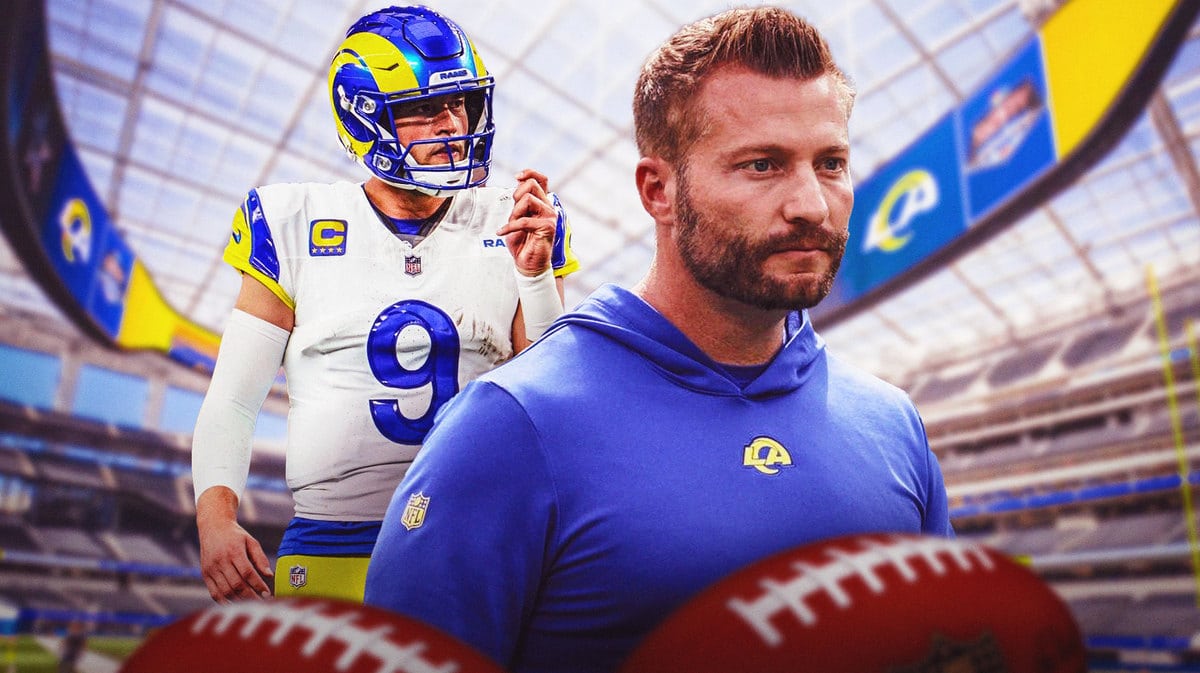 Los Angeles Rams head coach Sean McVay and quarterback Matthew Stafford in front of SoFi Stadium.