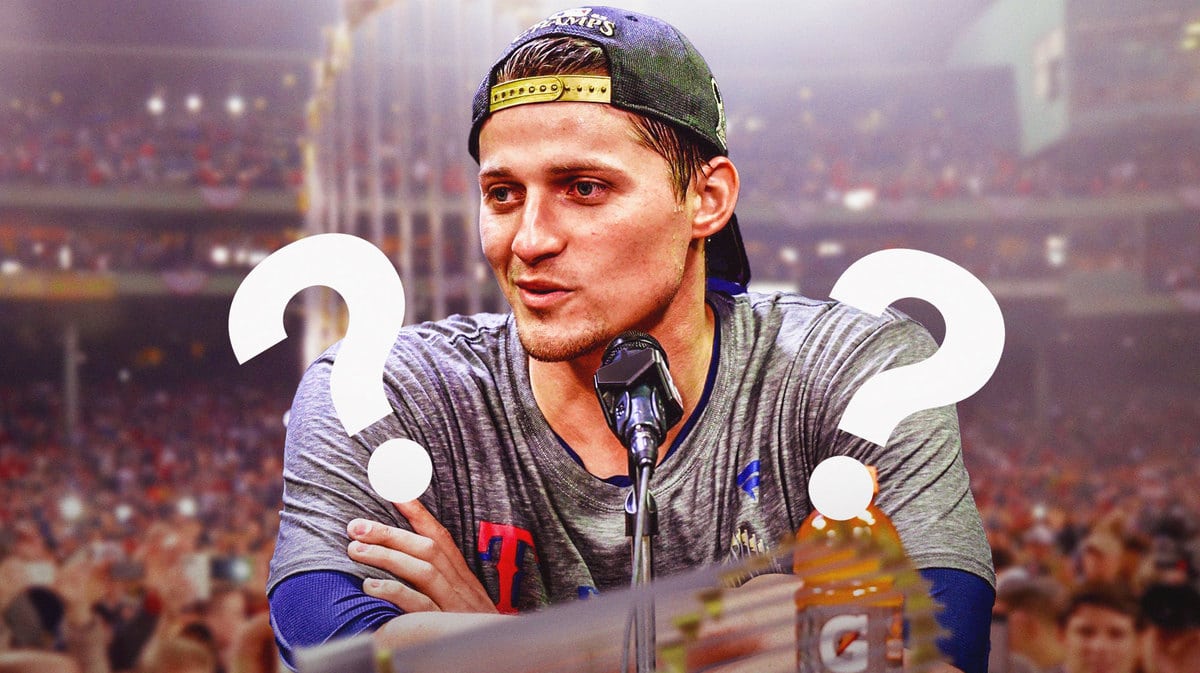Corey Seager looking confused with question marks around him, microphones in front of him