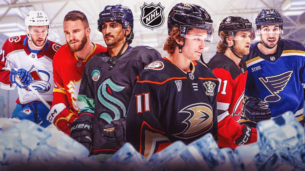 Trevor Zegras, Matt Beniers, Dawson Mercer, Jonathan Huberdeau, Jonathan Drouin, Jordan Kyrou all in image, NHL logo, hockey rink in background