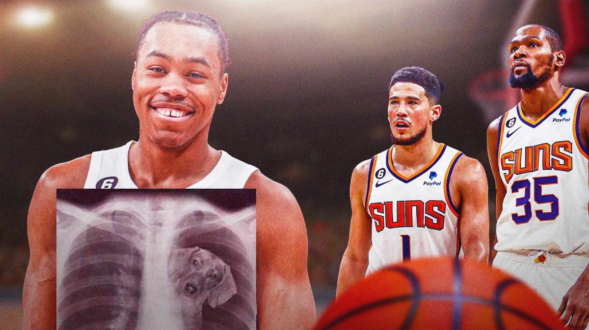 Scottie Barnes in middle of image looking happy with meme featuring chest x-ray with dog in image, Devin Booker and Kevin Durant on either side looking stern, basketball court in background, Toronto Raptors