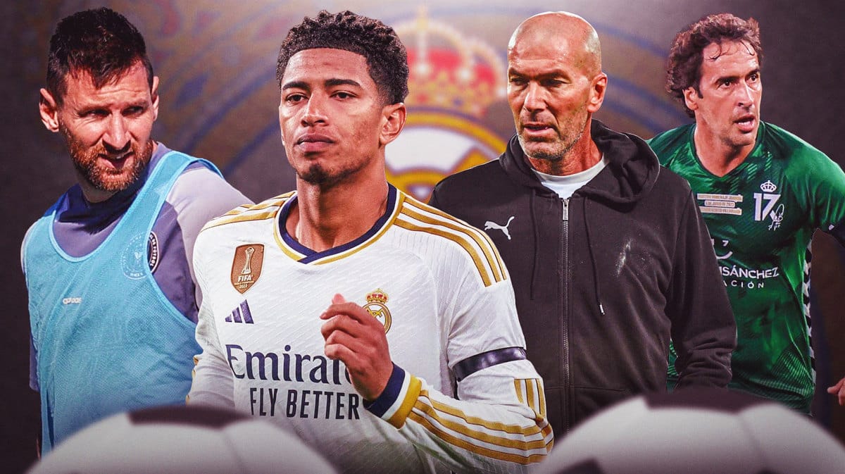 Jude Bellingham in the middle, Zinedine Zidane, Raul Blanco, Lionel Messi around him, the Real Madird logo behind him