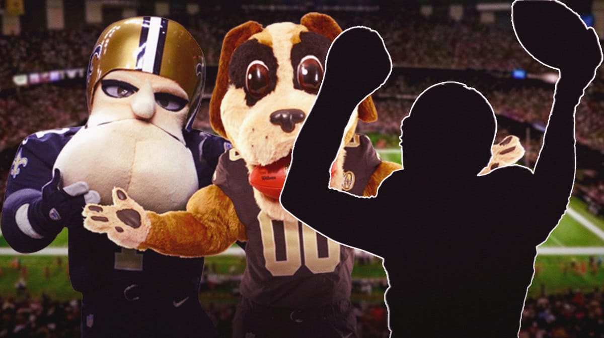 Silhouette of Jason Pierre-Paul with the Saints mascot in the background