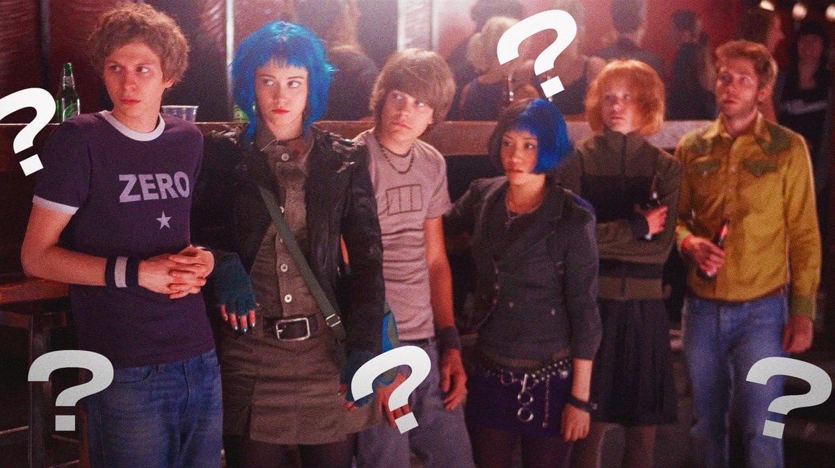 The cast of Scott Pilgrim vs the World with question marks around them.