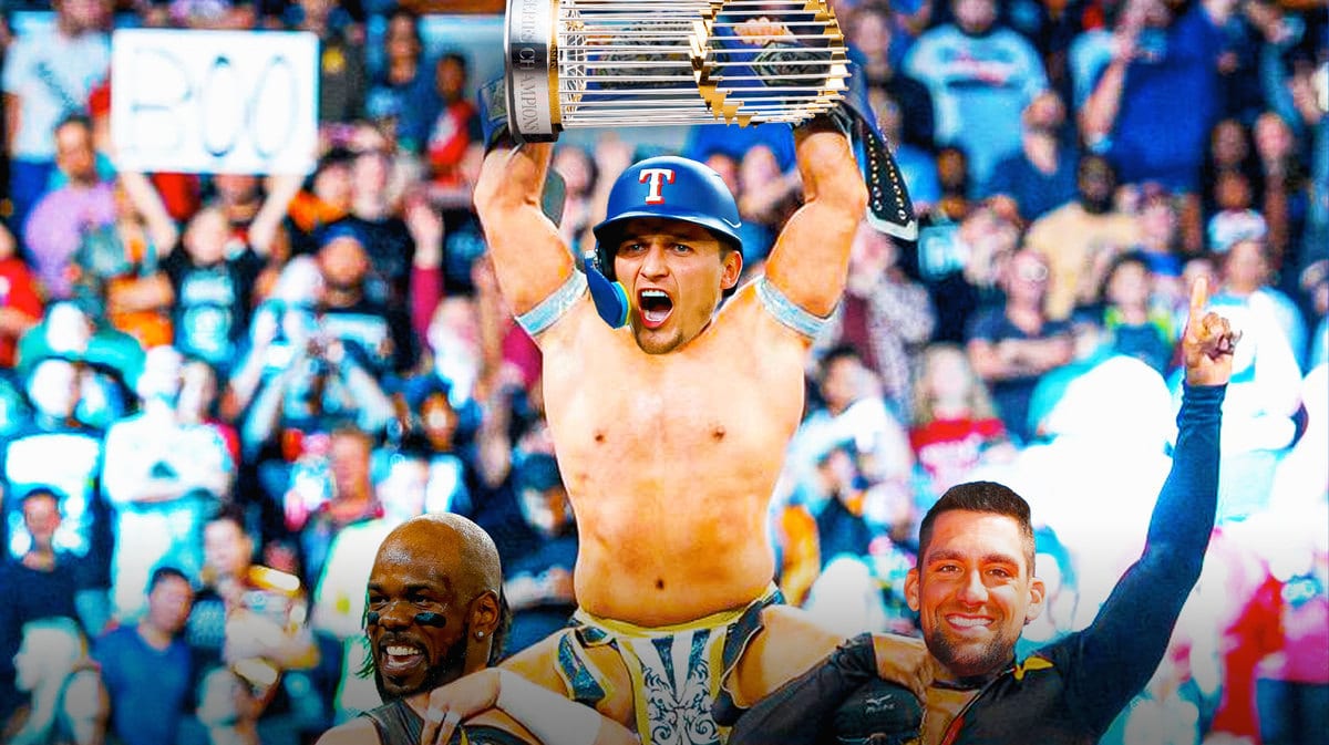 Corey Seager of the Rangers as the guy in the middle, Adolis Garcia as the guy on right, and Nathan Eovaldi as the guy on the left