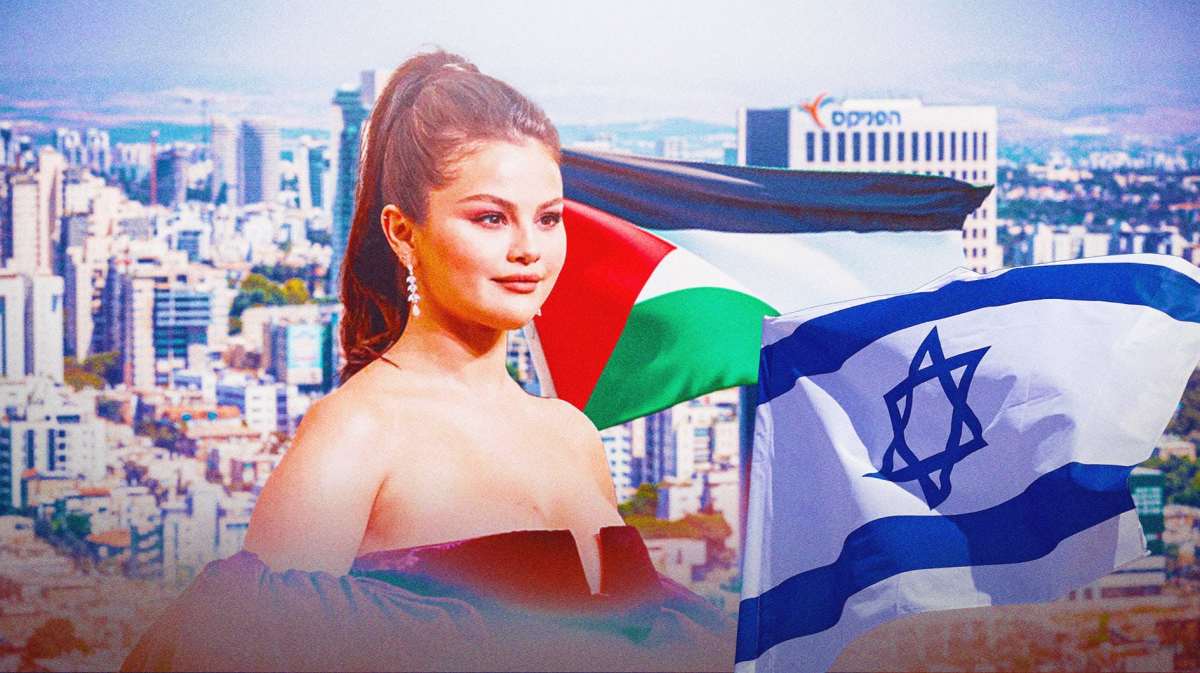 Selena Gomez, alongside images of the Israeli and Palestinian flags, with a picture of Israel in the background