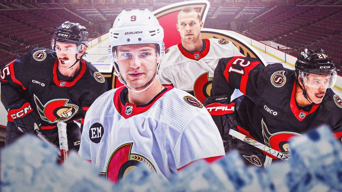 Jakob Chychrun, Mathieu Joseph, Josh Norris and Jake Sanderson all in image, OTT Senators logo, hockey rink in background