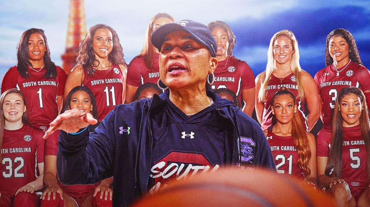 University of South Carolina women’s basketball coach Dawn Staley and the University of South Carolina women’s basketball team in front of the Eiffel Tower in Paris.
