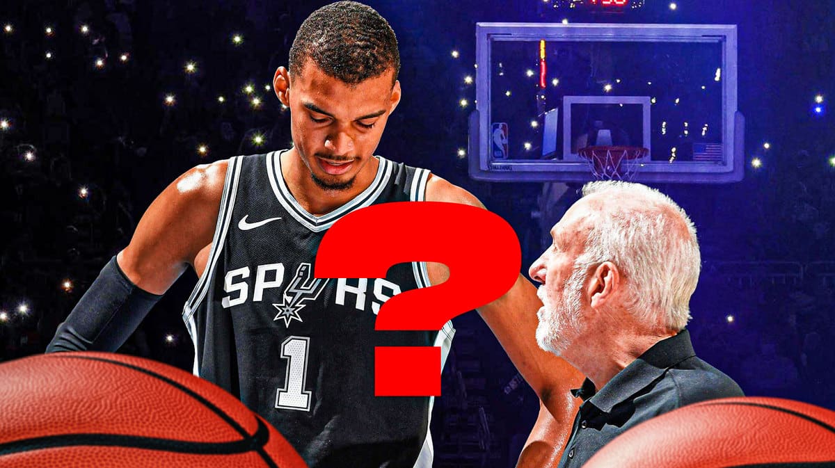 Spurs' Gregg Popovich, Spurs' Victor Wembanyama. A question mark in the middle