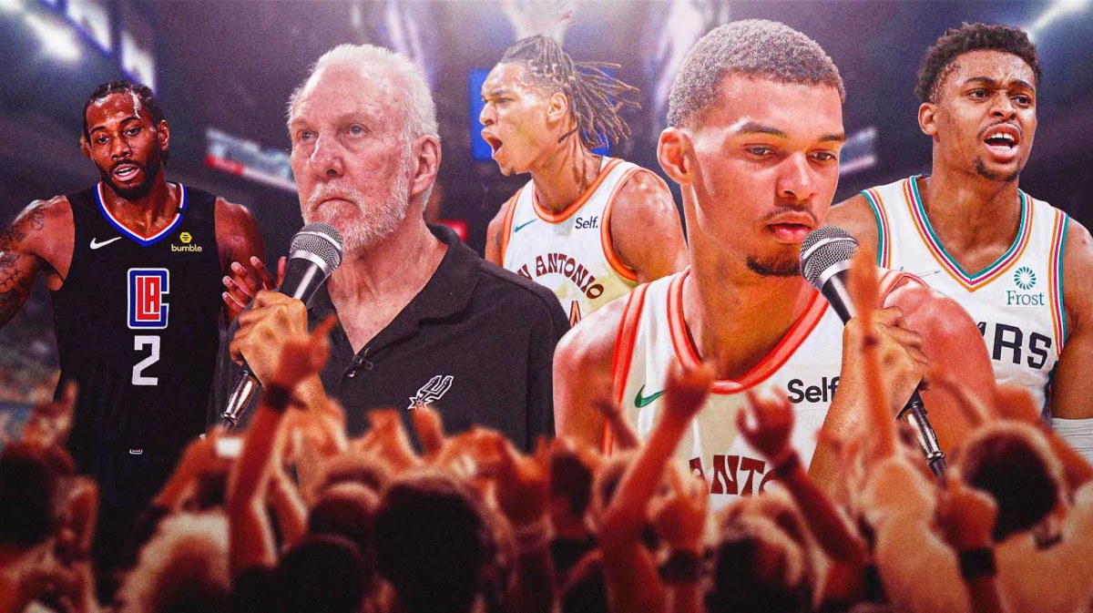 Spurs' Victor Wembanyama, Devin Vassell, Keldon Johnson, Gregg Popovich, Clippers' Kawhi Leonard