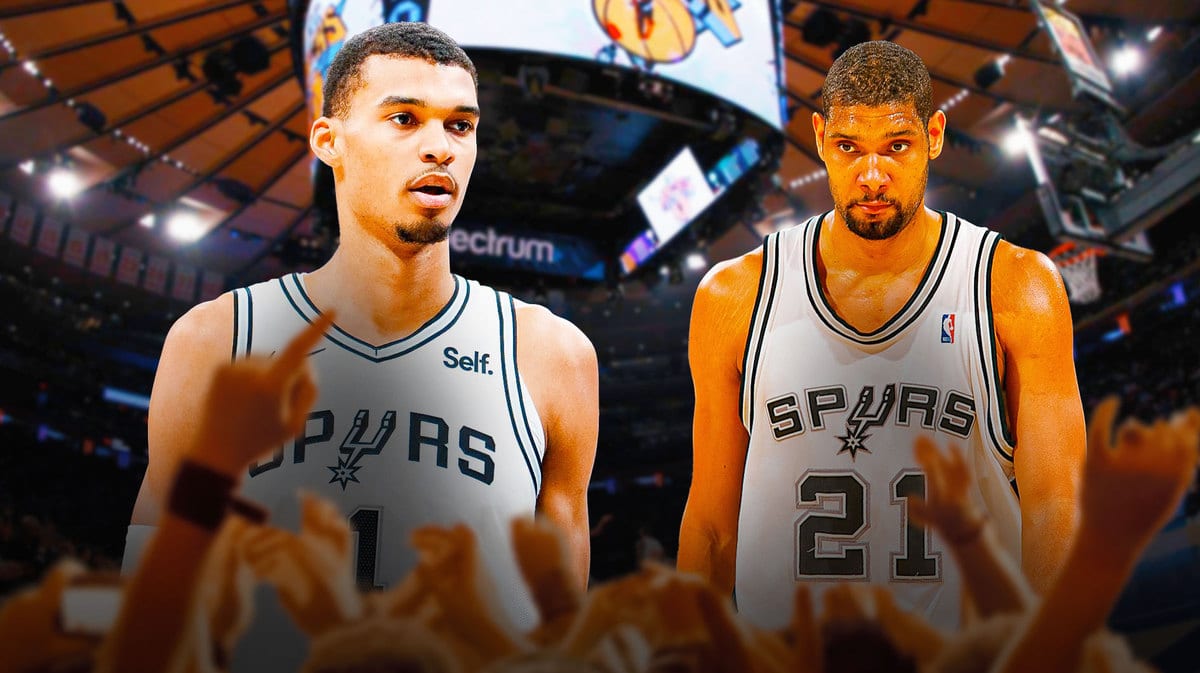 Spurs star Victor Wembanyama with legend Tim Duncan as he does his MSG debut.